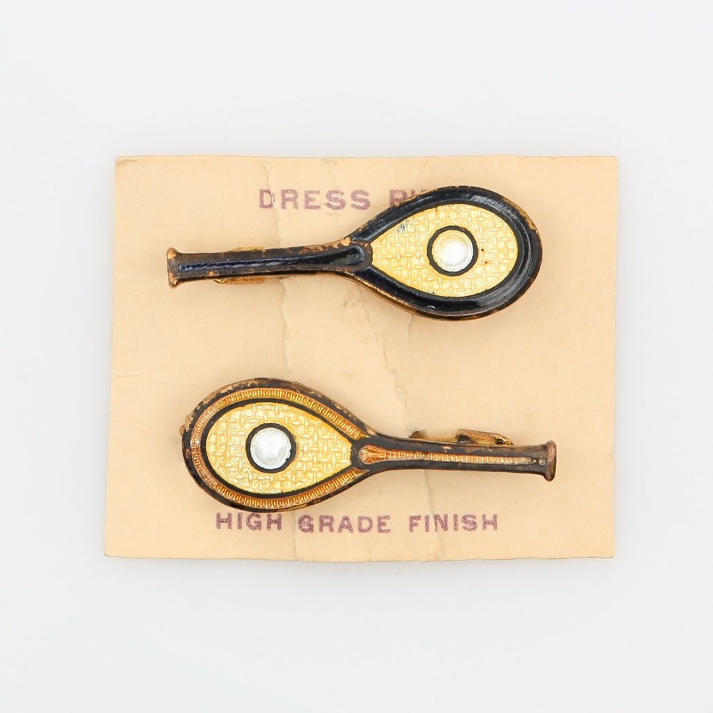 Antique Tennis Racquet Guilloche Lingerie Dress Pins Set Original Card 1910s-20s